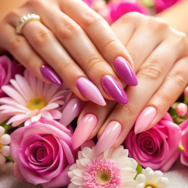 Mains aux ongles en gel rose posés sur des fleurs, réalisation du salon de Roanne