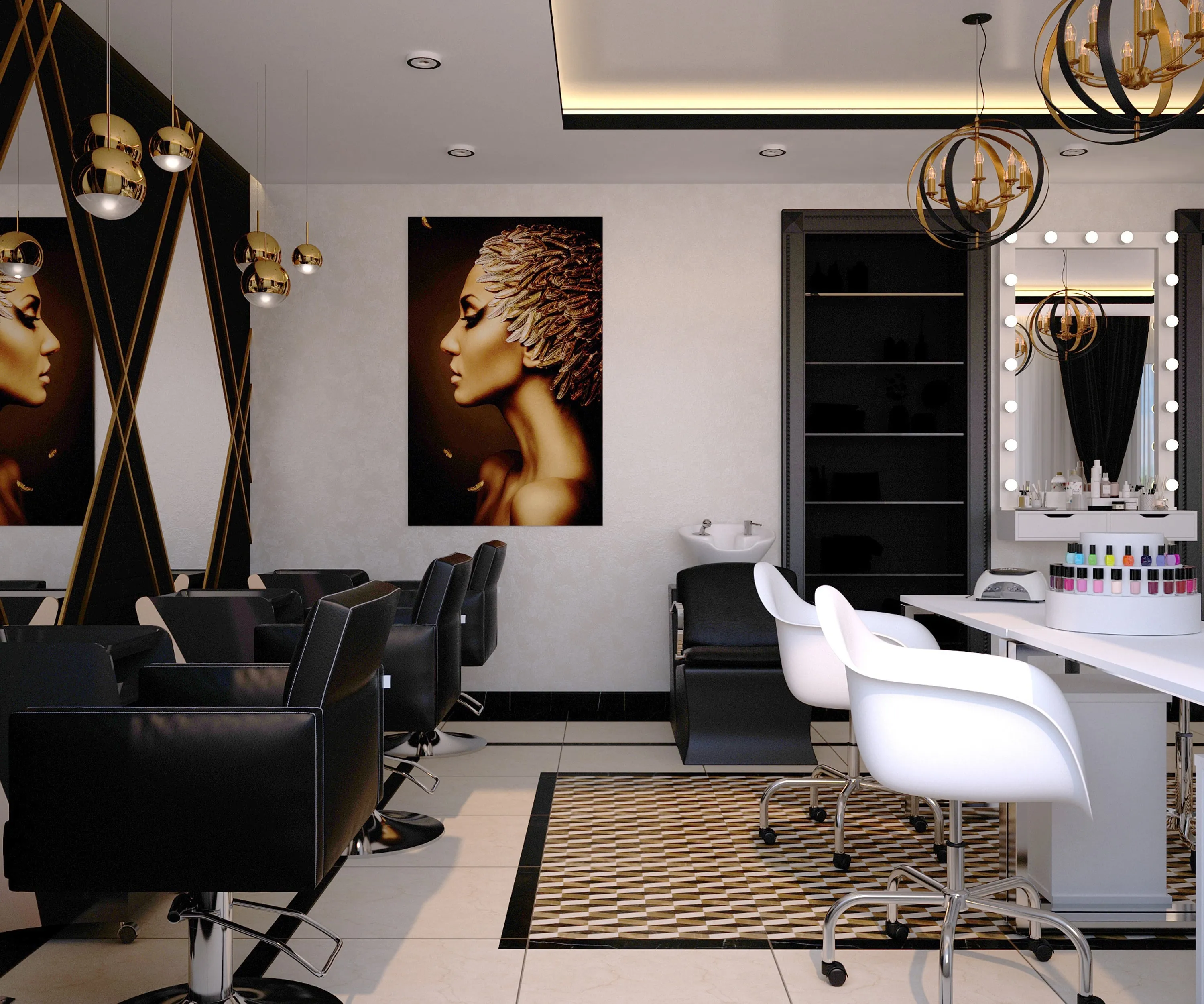 Intérieur lumineux de l'institut de beauté à Roanne, postes de travail et miroirs